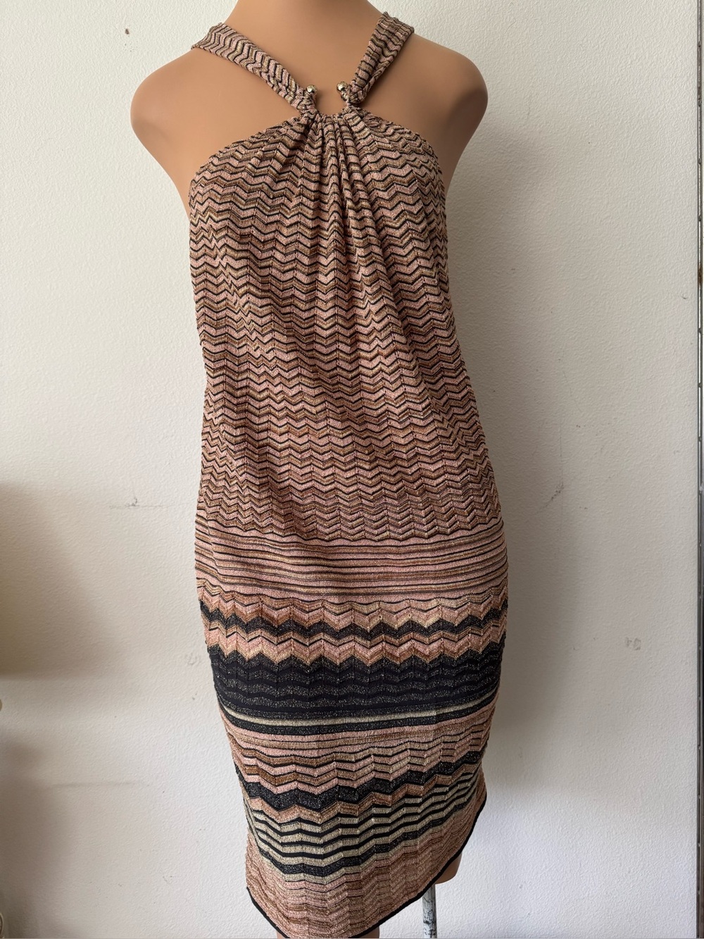 MISSONI Multi Colored Sleeveless Chevron Knit Halter Dress Size 42